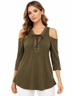 Iz Byer Tie Front Cold Shoulder Top Army Green XL